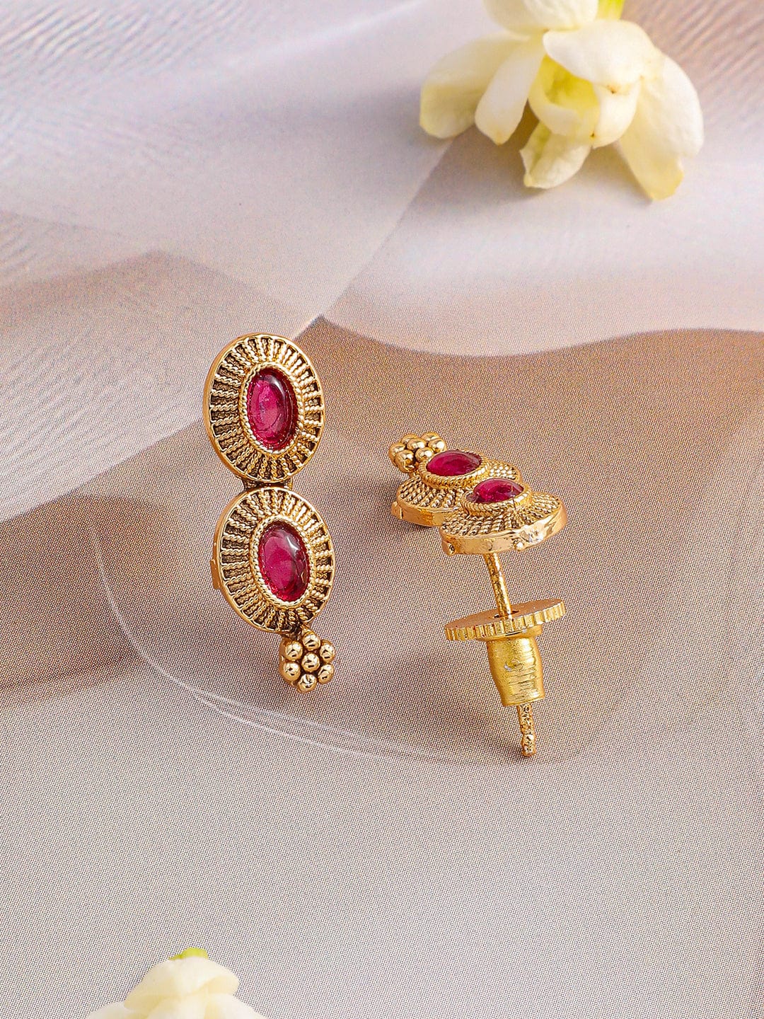 Rubans 22K Gold-Plated Ruby Pink Stone Oval Detailing Handcrafted Necklace Set
