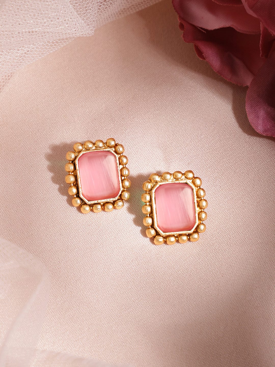 Rubans 22K Gold-Plated Pastel Pink Sapphire Studded Choker Necklace Set with Gold Beads