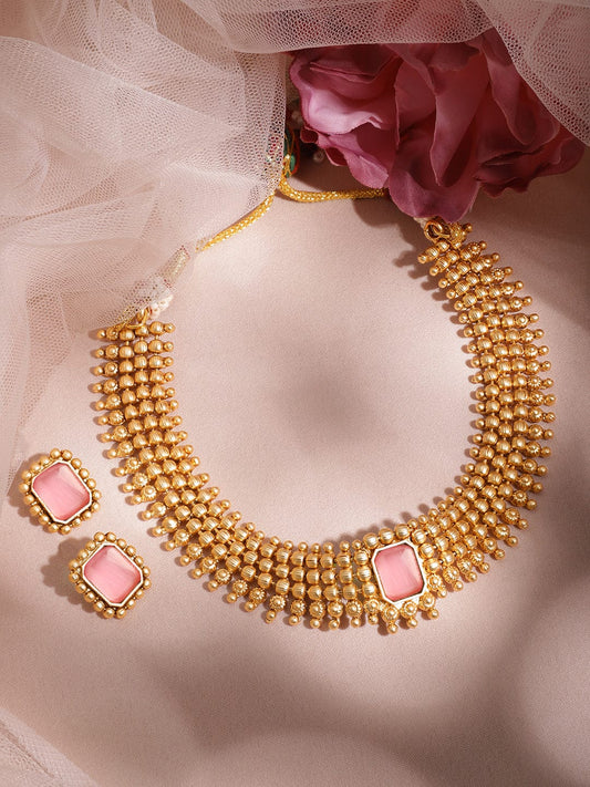 Rubans 22K Gold-Plated Pastel Pink Sapphire Studded Choker Necklace Set with Gold Beads