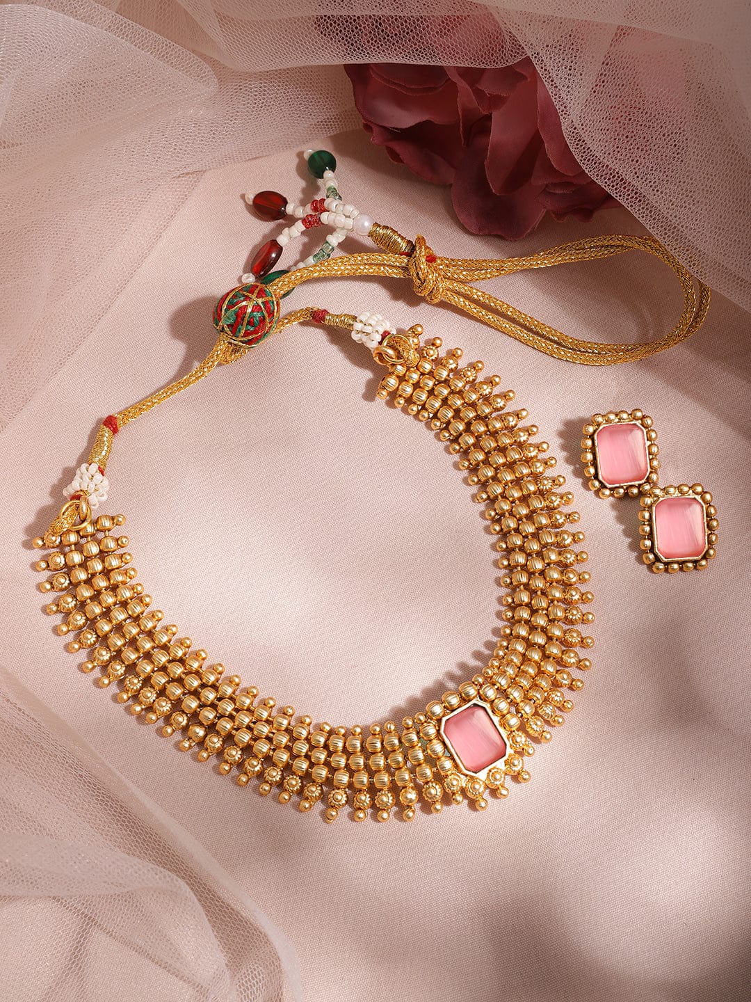 Rubans 22K Gold-Plated Pastel Pink Sapphire Studded Choker Necklace Set with Gold Beads