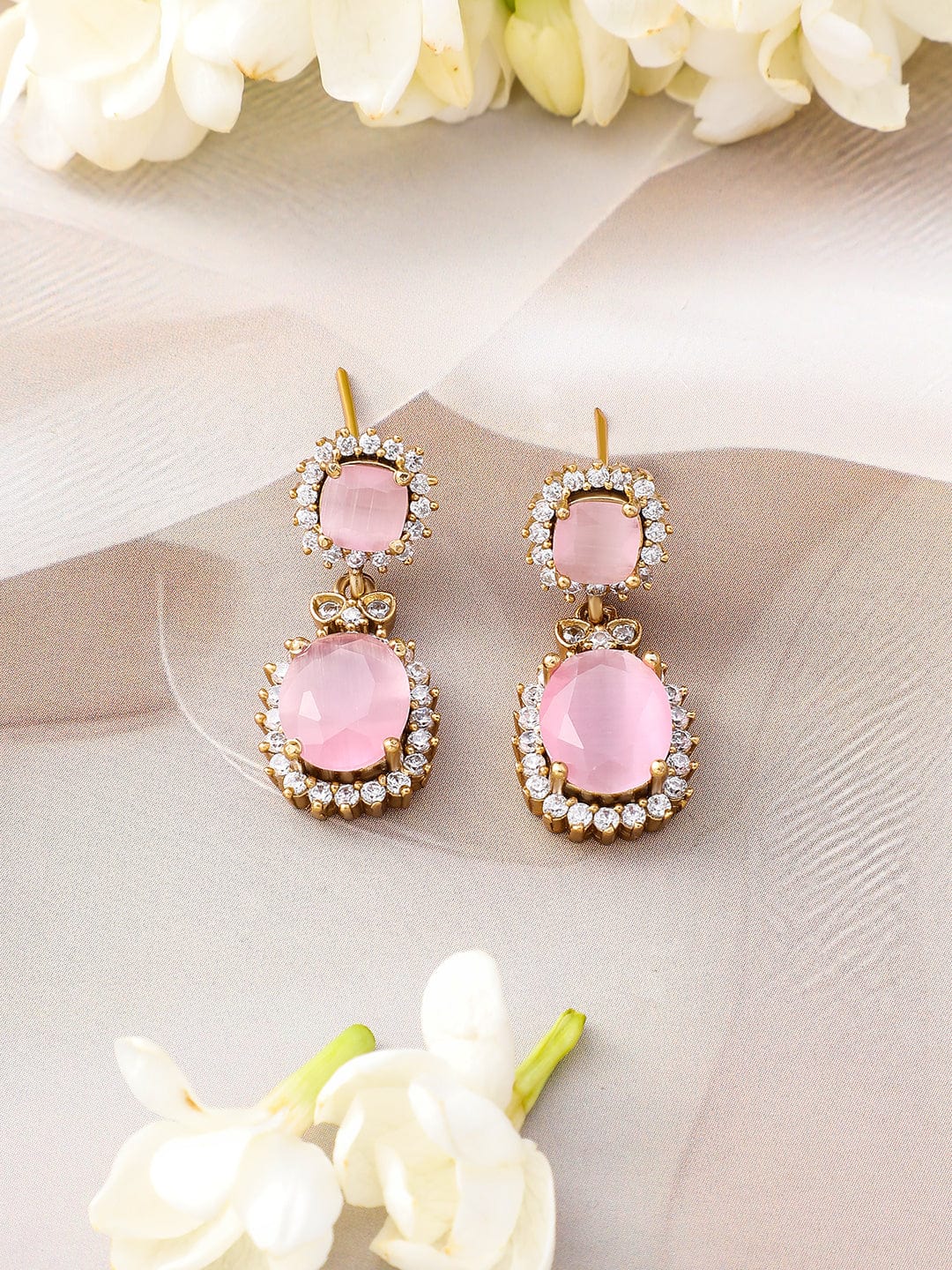 Rubans 22K Gold-Plated Pastel Pink Stone & Cubic Zirconia Studded Necklace Set with Matching Earrings