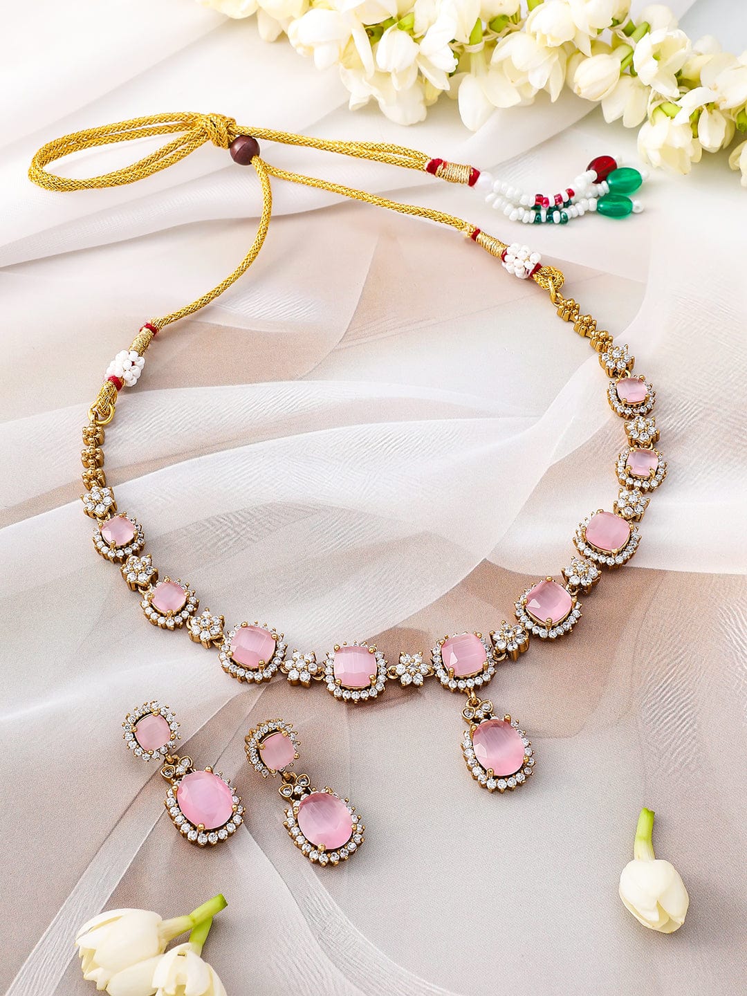 Rubans 22K Gold-Plated Pastel Pink Stone & Cubic Zirconia Studded Necklace Set with Matching Earrings