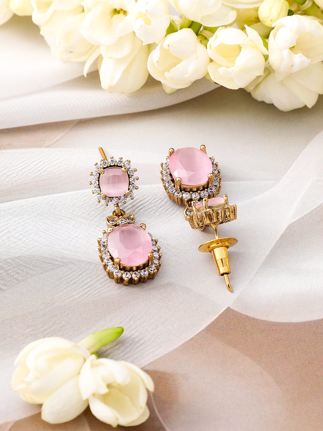 Rubans 22K Gold-Plated Pastel Pink Stone & Cubic Zirconia Studded Necklace Set with Matching Earrings
