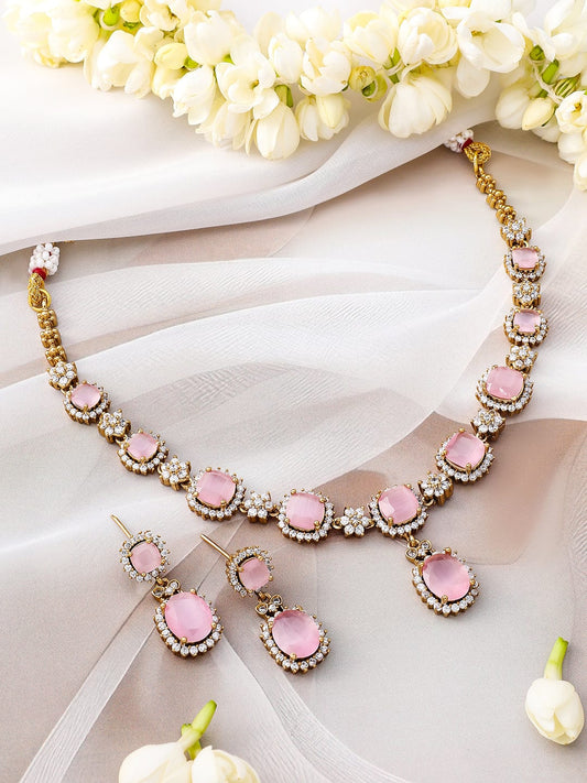 Rubans 22K Gold-Plated Pastel Pink Stone & Cubic Zirconia Studded Necklace Set with Matching Earrings