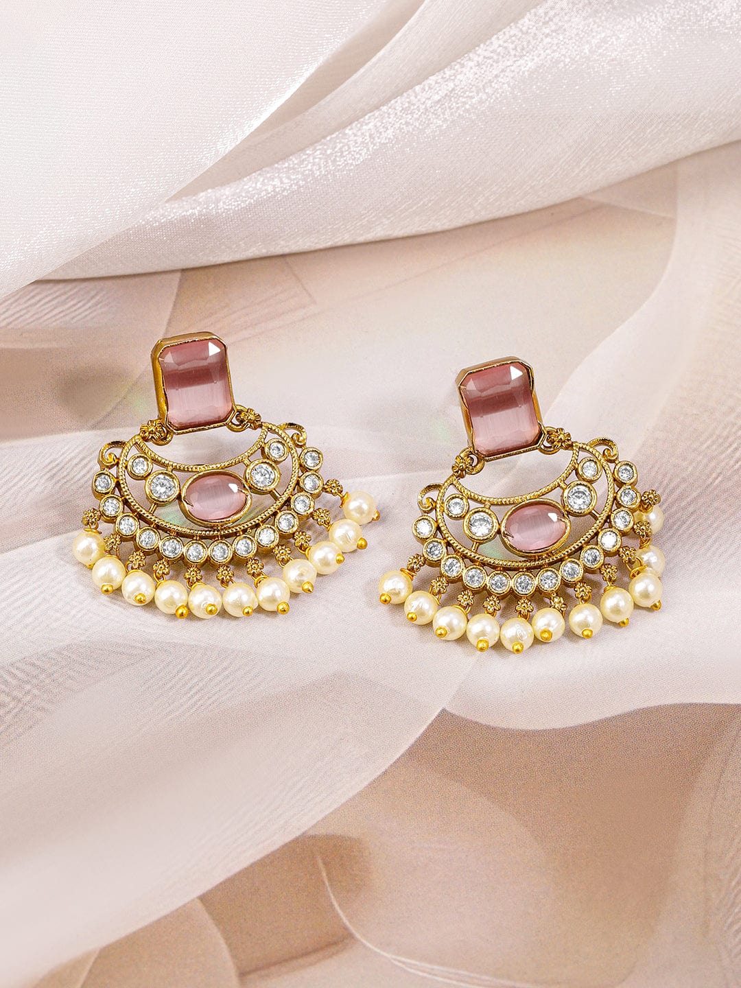 Rubans 22K Gold-Plated Pastel Pink & White Cubic Zirconia Studded Pearl Beaded Handcrafted Necklace Set for Women