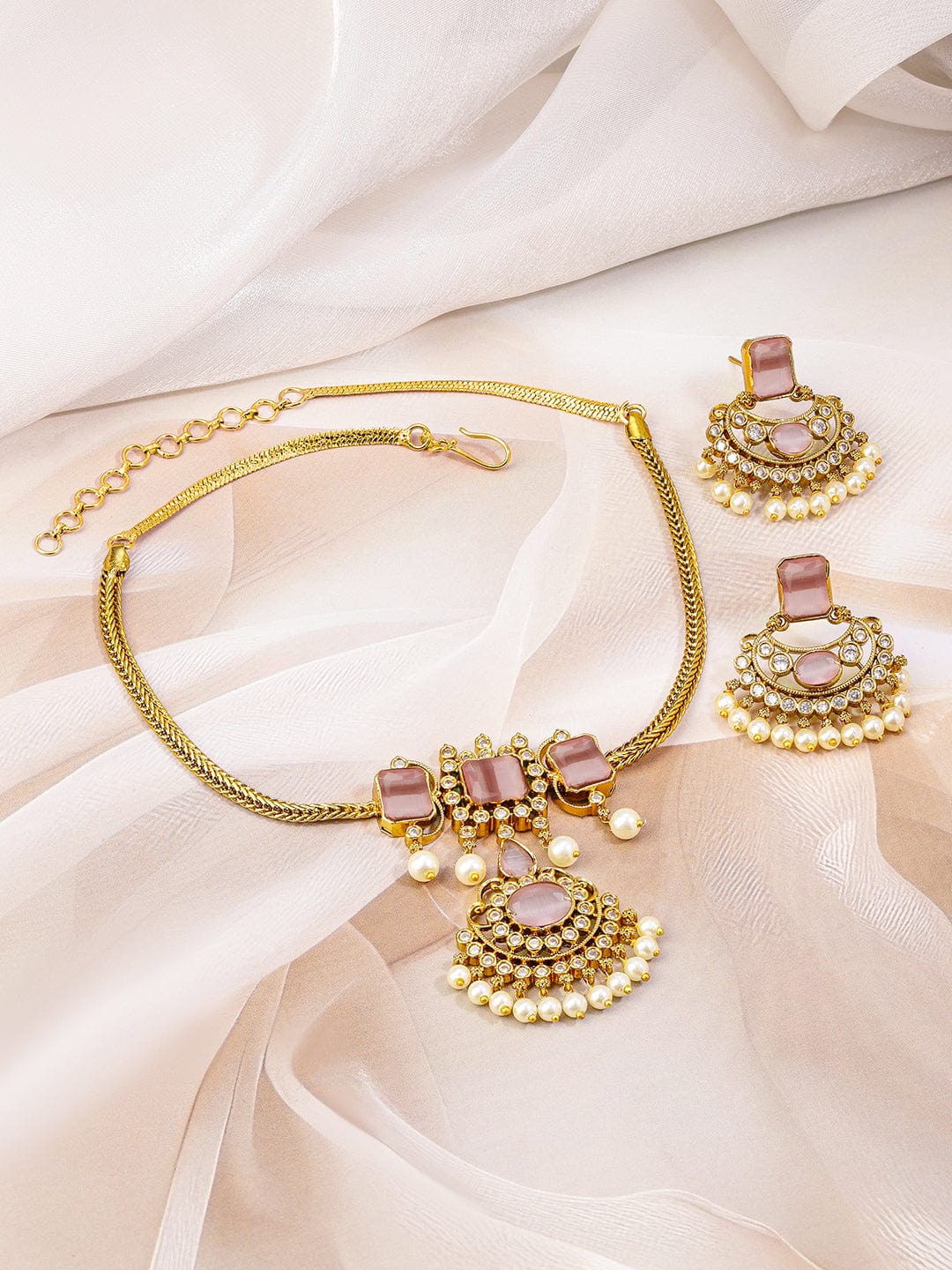 Rubans 22K Gold-Plated Pastel Pink & White Cubic Zirconia Studded Pearl Beaded Handcrafted Necklace Set for Women
