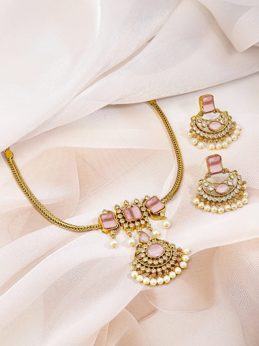 Rubans 22K Gold-Plated Pastel Pink & White Cubic Zirconia Studded Pearl Beaded Handcrafted Necklace Set for Women