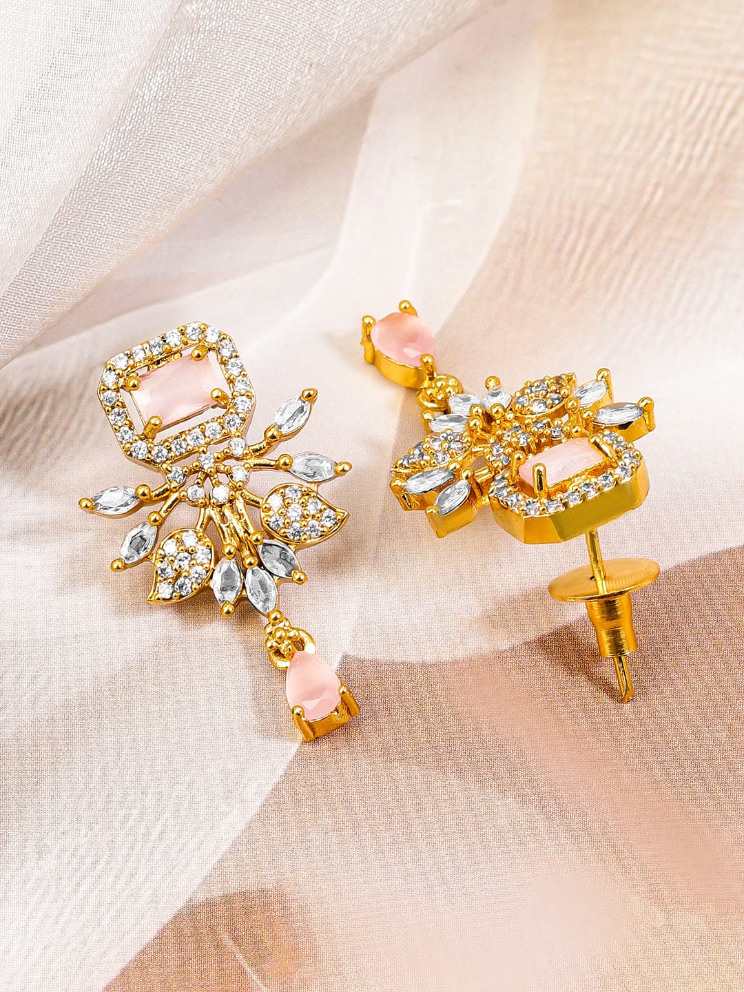 Rubans 22K Gold-Plated Peach Pink Stone White Cubic Zirconia & Pearl Accented Floral Necklace Set for Women