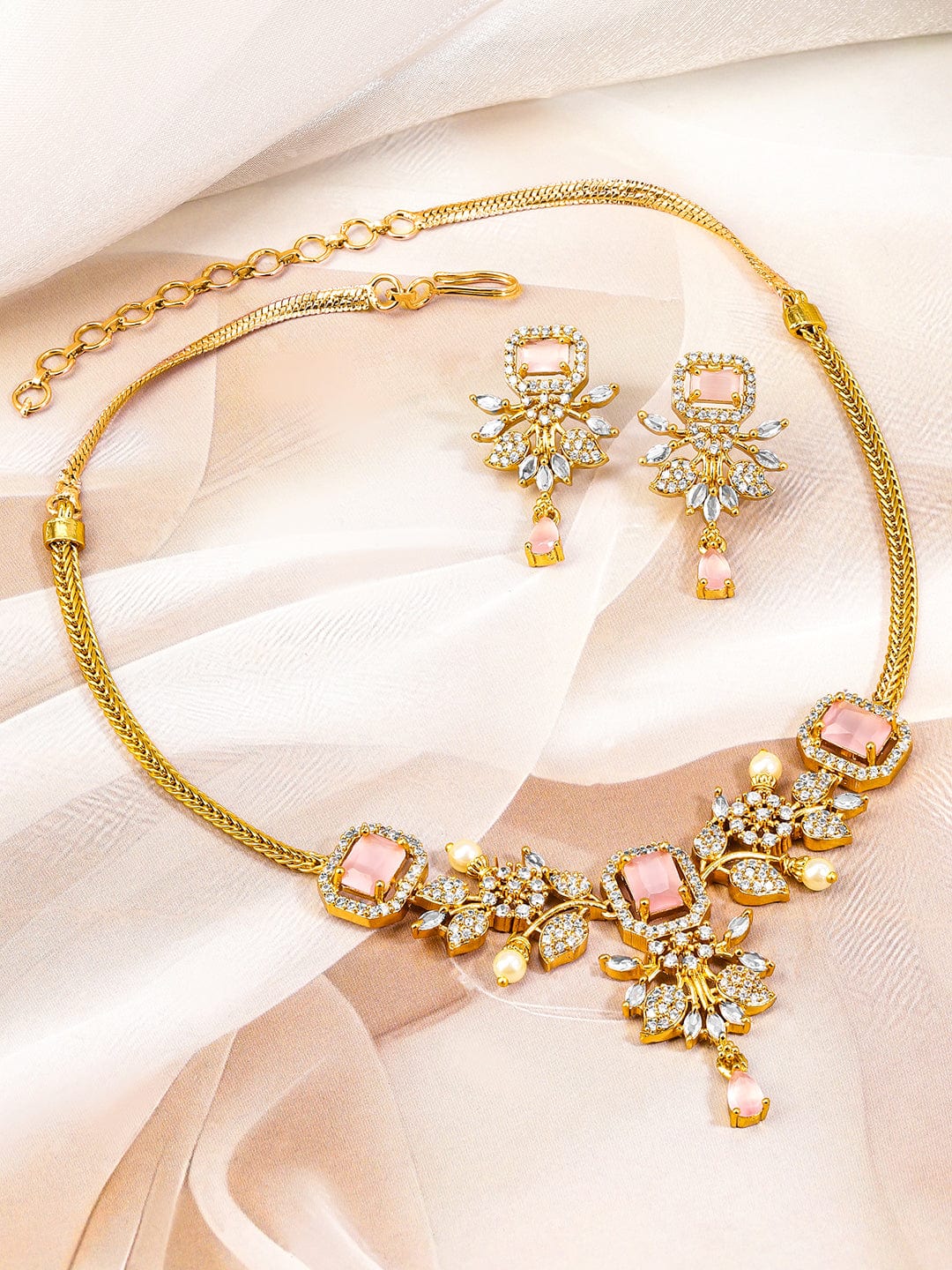 Rubans 22K Gold-Plated Peach Pink Stone White Cubic Zirconia & Pearl Accented Floral Necklace Set for Women