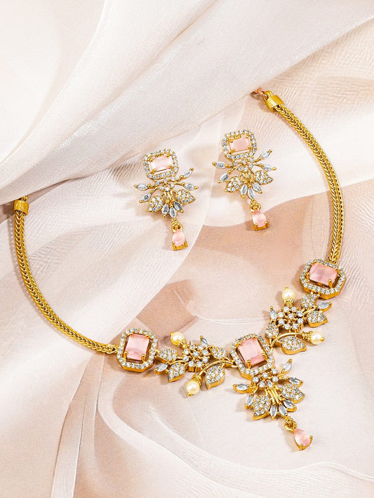 Rubans 22K Gold-Plated Peach Pink Stone White Cubic Zirconia & Pearl Accented Floral Necklace Set for Women