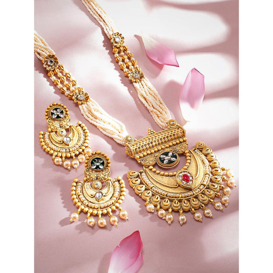 Rubans 22K Gold-Plated Pearl Beaded Multi-Strand Necklace Set with Kundan & Ruby Accents and Earrings