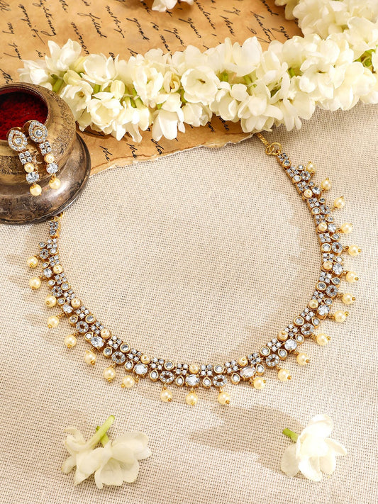 Rubans 22K Gold-Plated Pearl Beads & White Cubic Zirconia Handcrafted Necklace Set