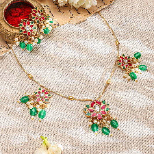 Rubans 22K Gold-Plated Pink & Green Kundan Stone Long Necklace Set with Earrings