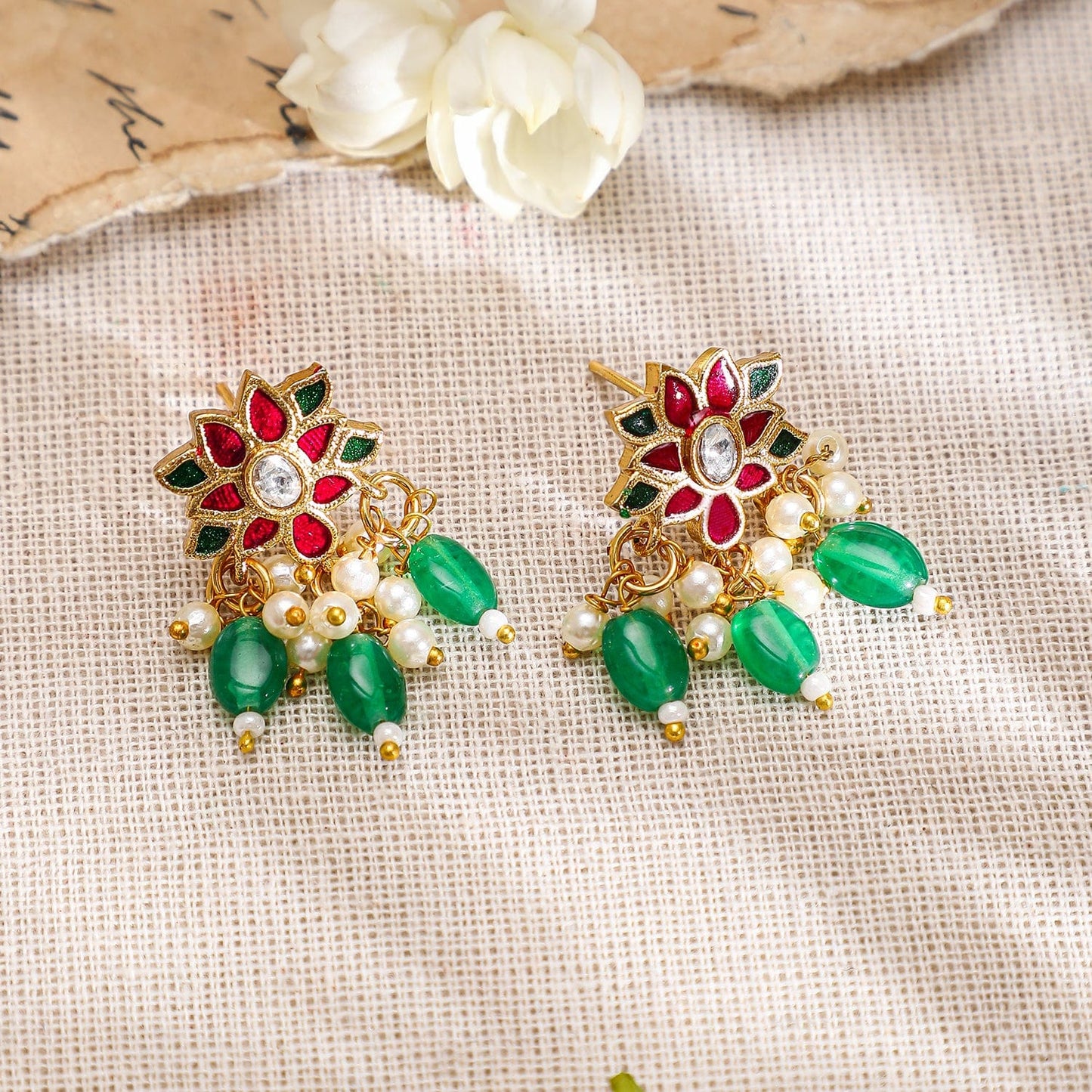 Rubans 22K Gold-Plated Pink & Green Kundan Stone Long Necklace Set with Earrings