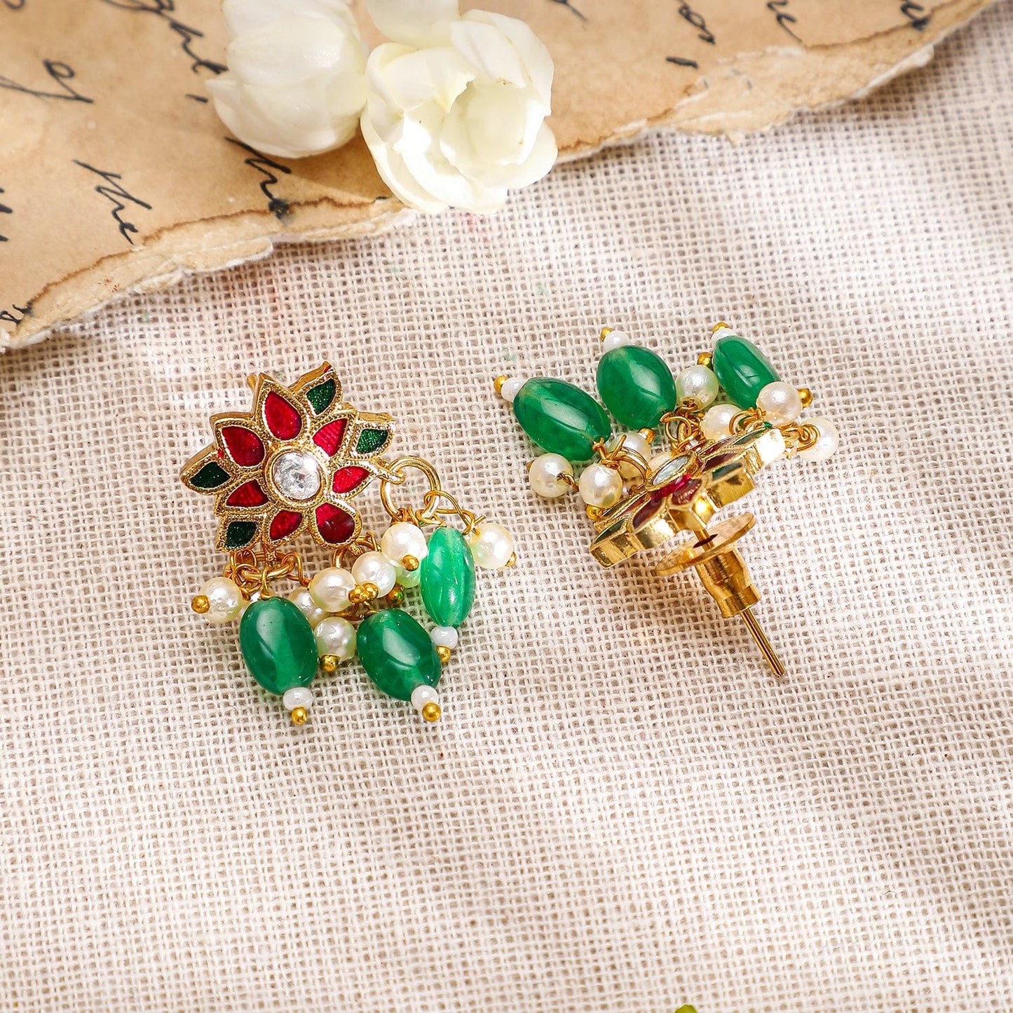 Rubans 22K Gold-Plated Pink & Green Kundan Stone Long Necklace Set with Earrings