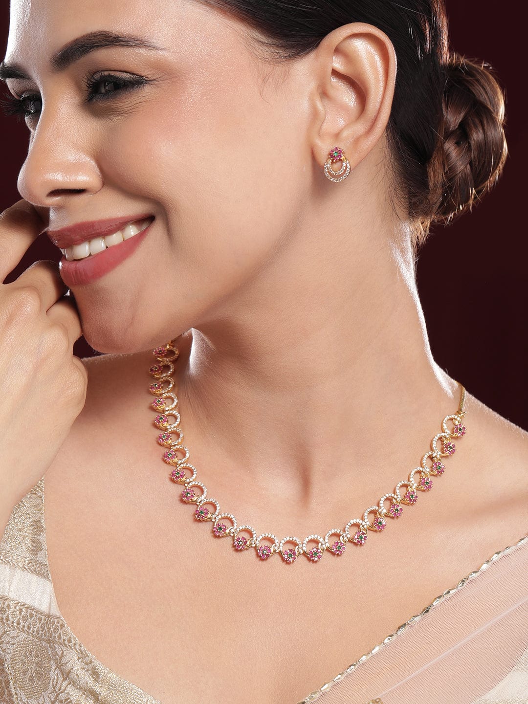 Rubans 22K Gold-Plated Pink & Green Stone Cubic Zirconia Necklace Set with Matching Earring