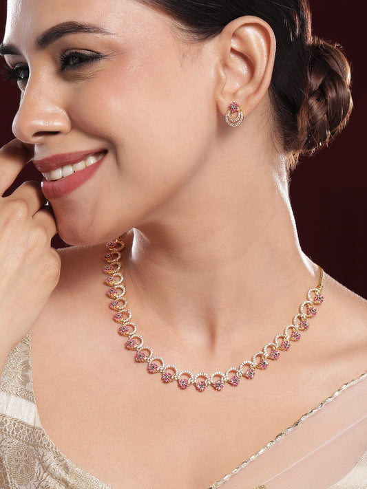 Rubans 22K Gold-Plated Pink & Green Stone Cubic Zirconia Necklace Set with Matching Earring