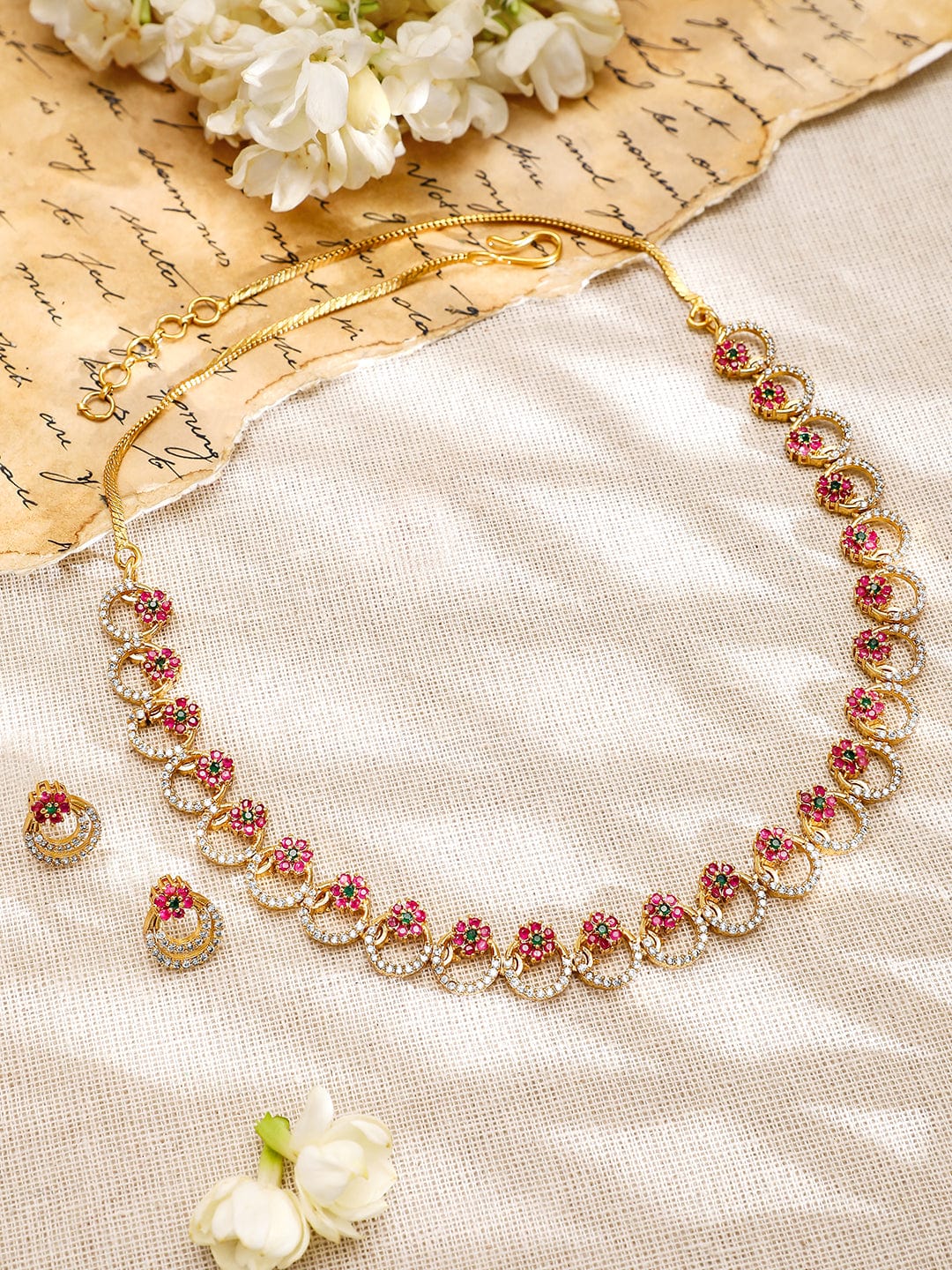 Rubans 22K Gold-Plated Pink & Green Stone Cubic Zirconia Necklace Set with Matching Earring