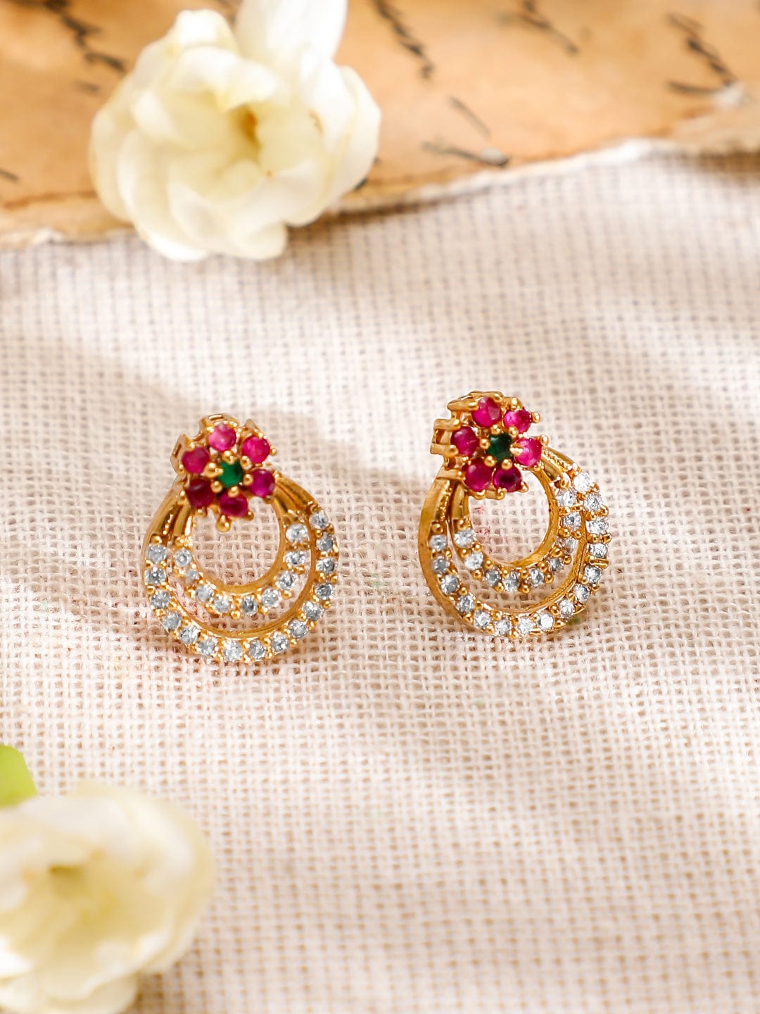 Rubans 22K Gold-Plated Pink & Green Stone Cubic Zirconia Necklace Set with Matching Earring