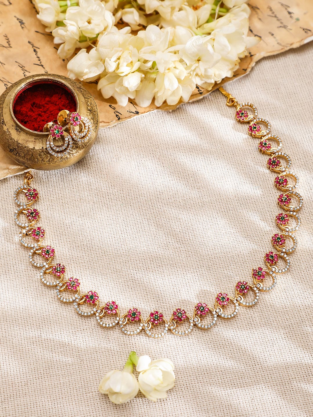 Rubans 22K Gold-Plated Pink & Green Stone Cubic Zirconia Necklace Set with Matching Earring
