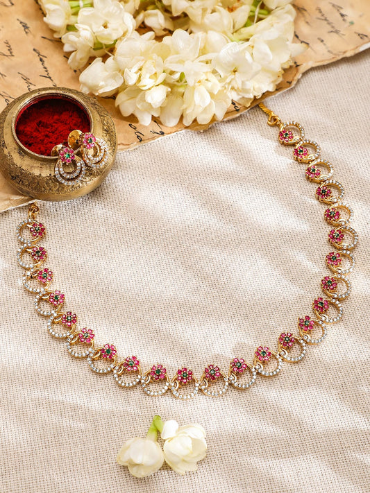 Rubans 22K Gold-Plated Pink & Green Stone Cubic Zirconia Necklace Set with Matching Earring