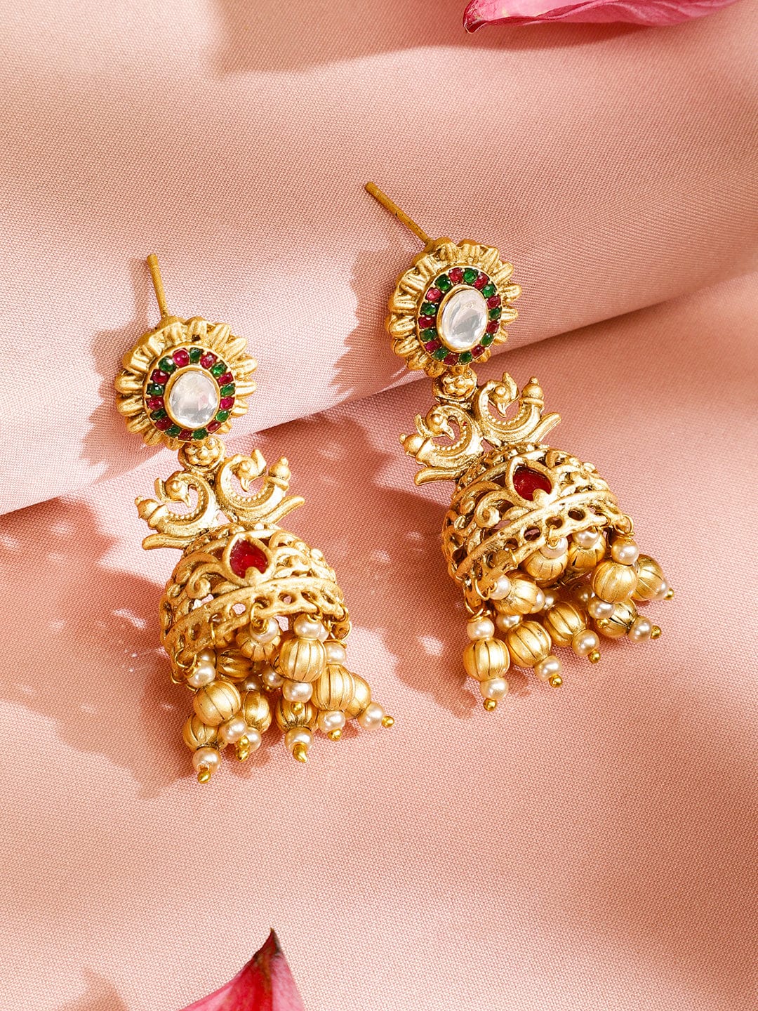 Rubans 22K Gold-Plated Red Enamel Kundan Studded Necklace Set with Golden Pearls