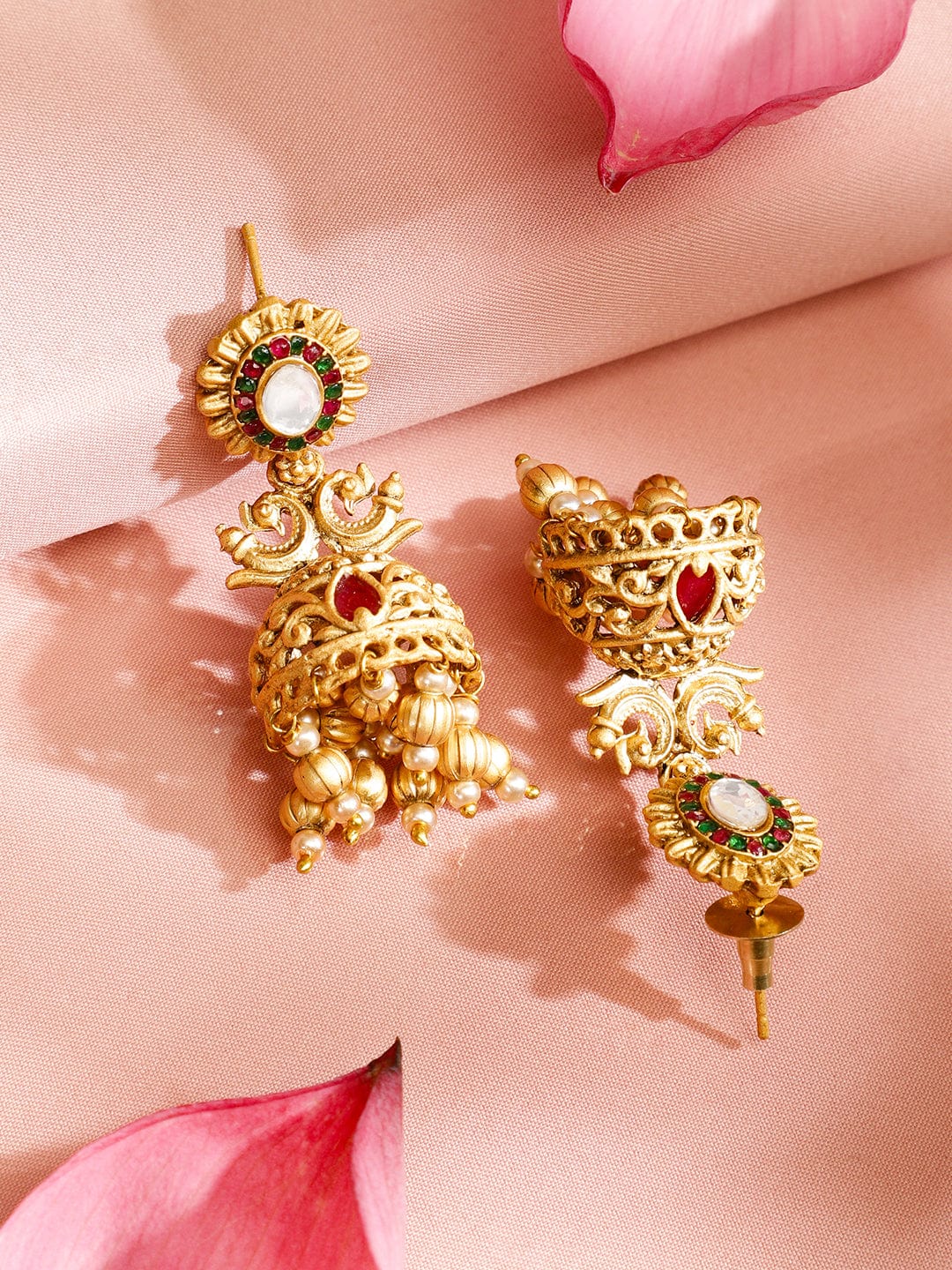 Rubans 22K Gold-Plated Red Enamel Kundan Studded Necklace Set with Golden Pearls