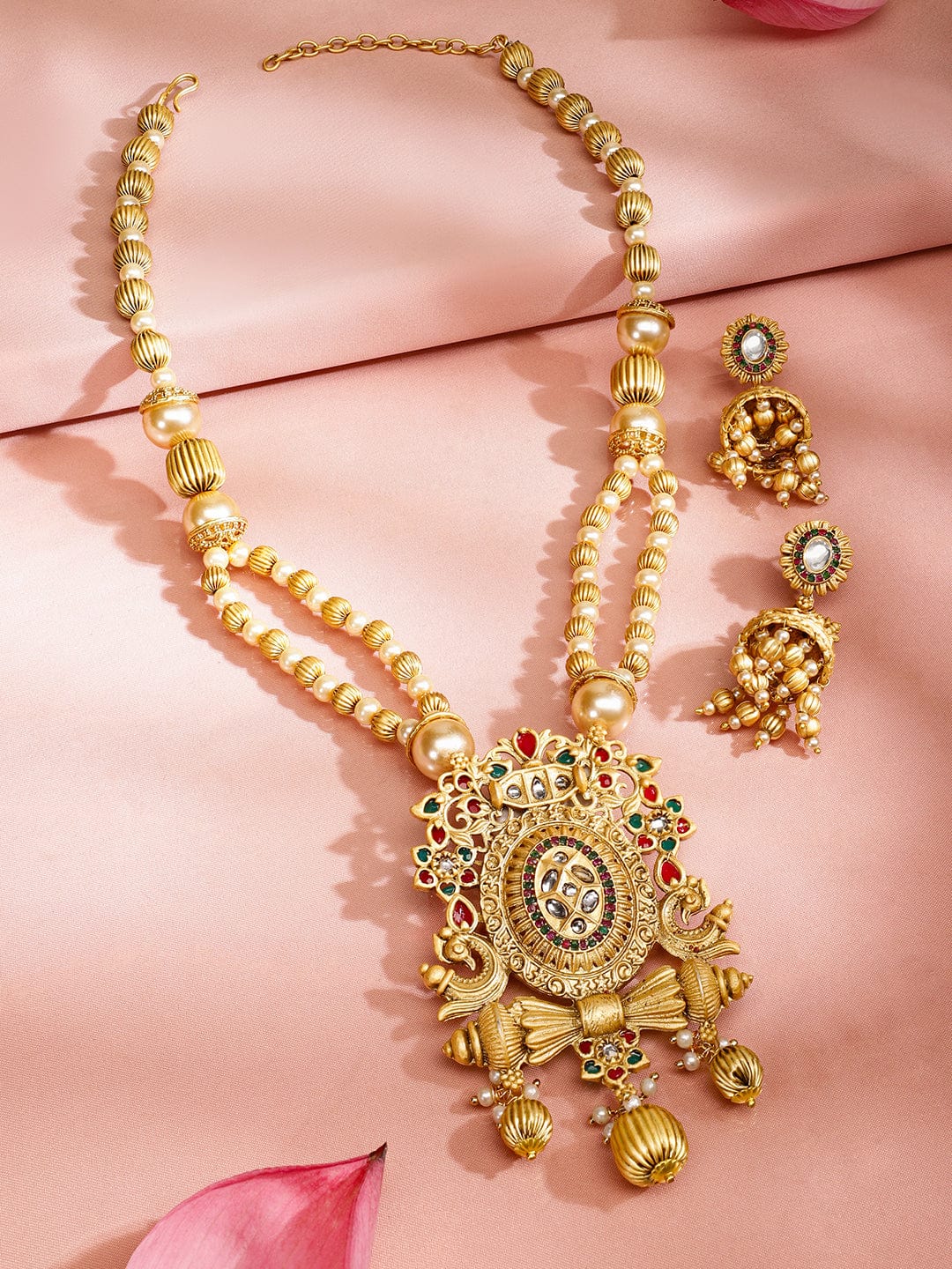 Rubans 22K Gold-Plated Red Enamel Kundan Studded Necklace Set with Golden Pearls