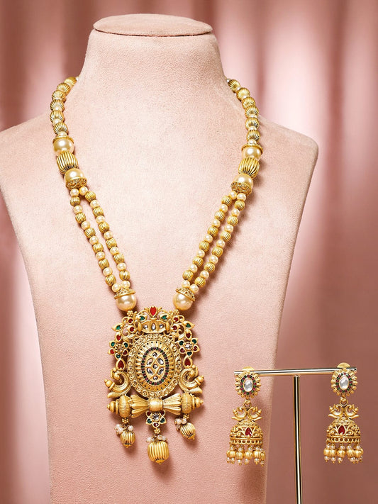 Rubans 22K Gold-Plated Red Enamel Kundan Studded Necklace Set with Golden Pearls