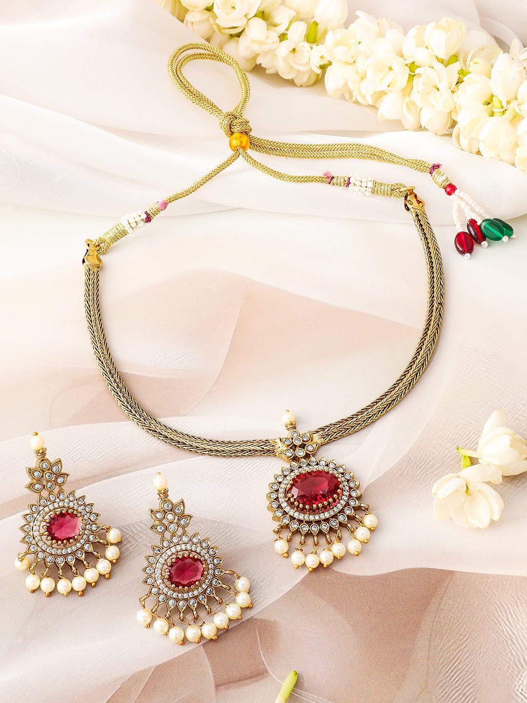 Rubans 22K Gold-Plated Ruby & Cubic Zirconia Traditional Necklace Set with Pearl Drops