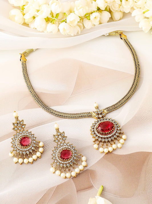 Rubans 22K Gold-Plated Ruby & Cubic Zirconia Traditional Necklace Set with Pearl Drops