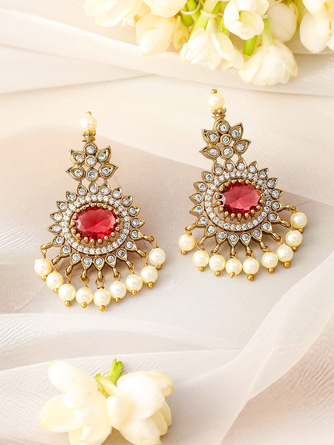 Rubans 22K Gold-Plated Ruby & Cubic Zirconia Traditional Necklace Set with Pearl Drops