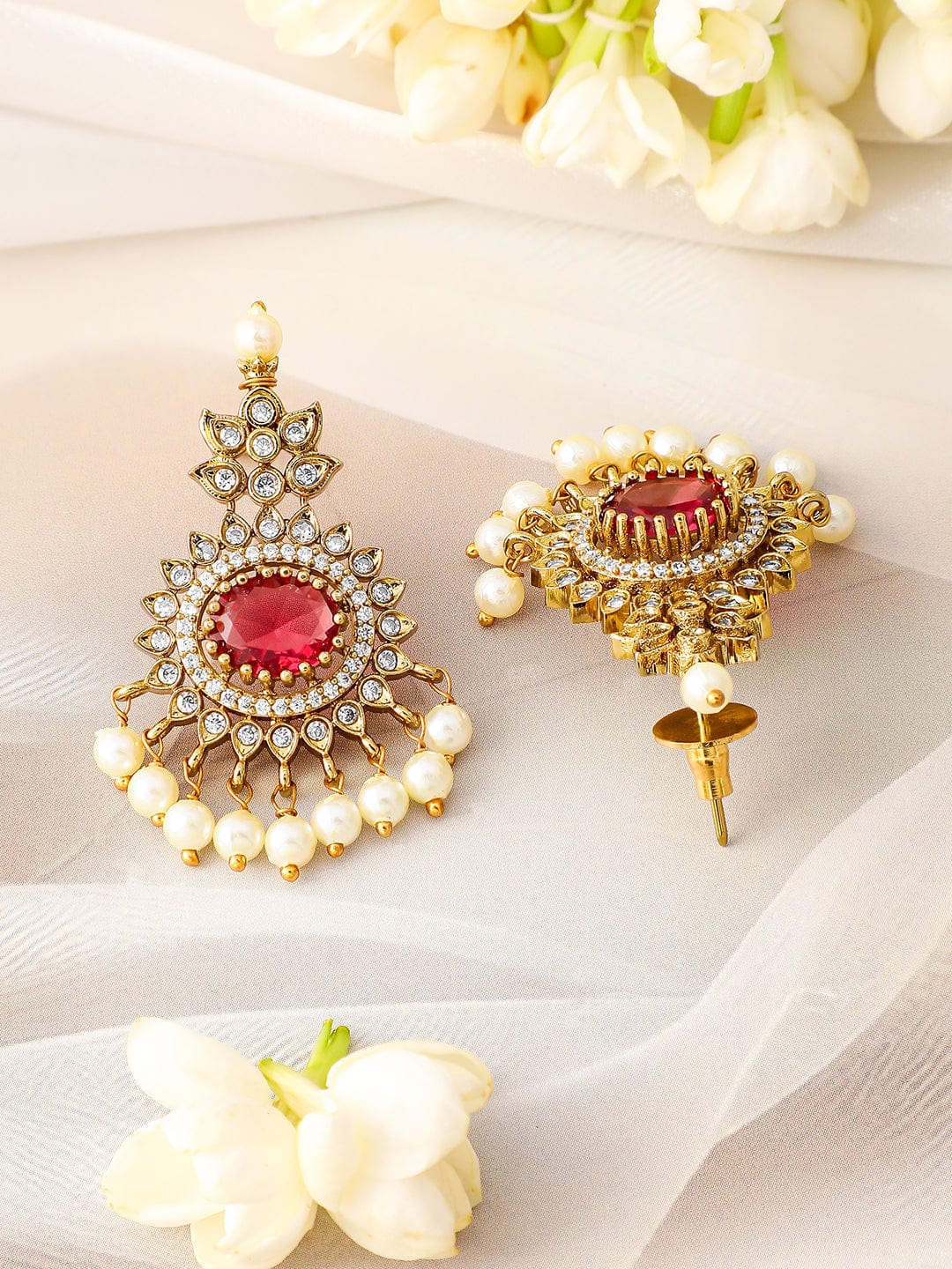 Rubans 22K Gold-Plated Ruby & Cubic Zirconia Traditional Necklace Set with Pearl Drops