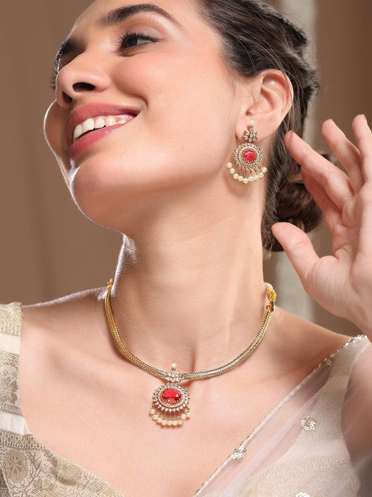 Rubans 22K Gold-Plated Ruby & Cubic Zirconia Traditional Necklace Set with Pearl Drops
