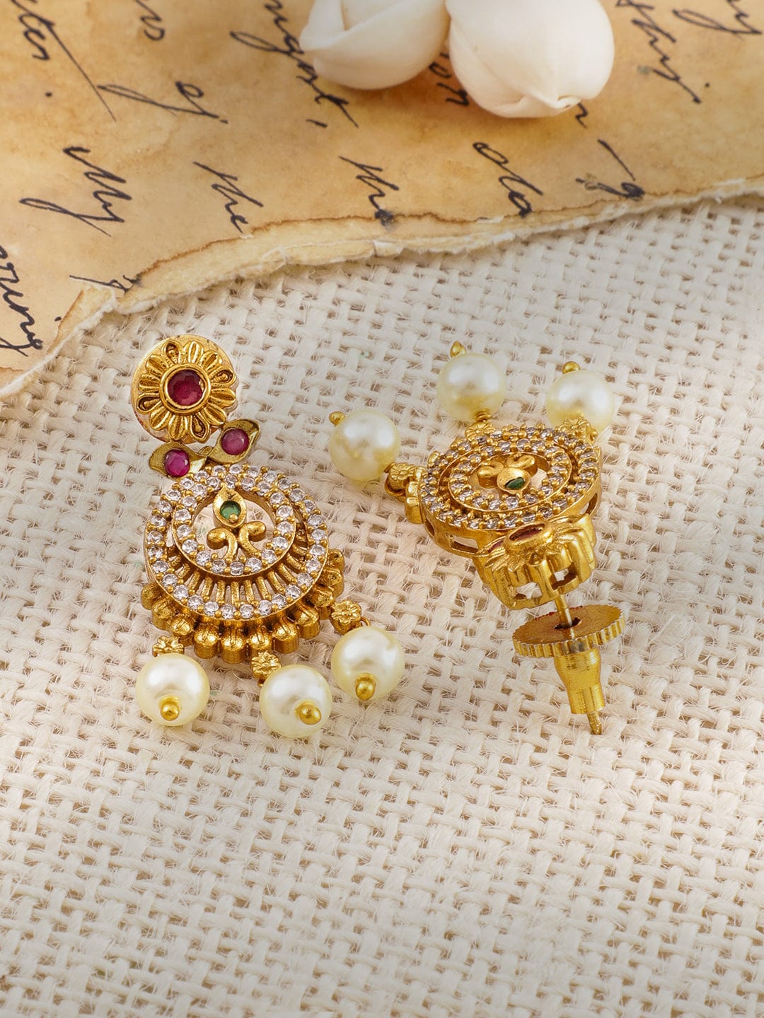 Rubans 22K Gold-Plated Ruby & Emerald Cubic Zicronia Stone Necklace Set with Pearl Drops