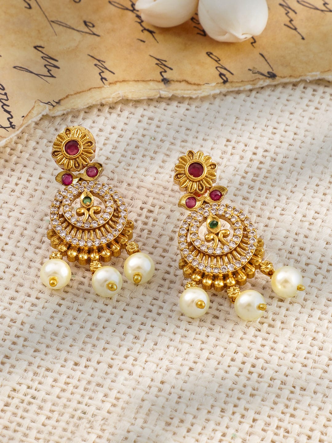 Rubans 22K Gold-Plated Ruby & Emerald Cubic Zicronia Stone Necklace Set with Pearl Drops