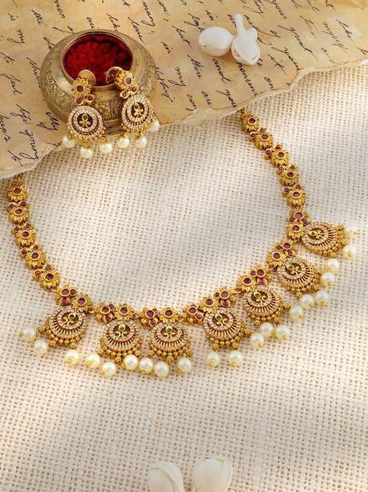 Rubans 22K Gold-Plated Ruby & Emerald Cubic Zicronia Stone Necklace Set with Pearl Drops