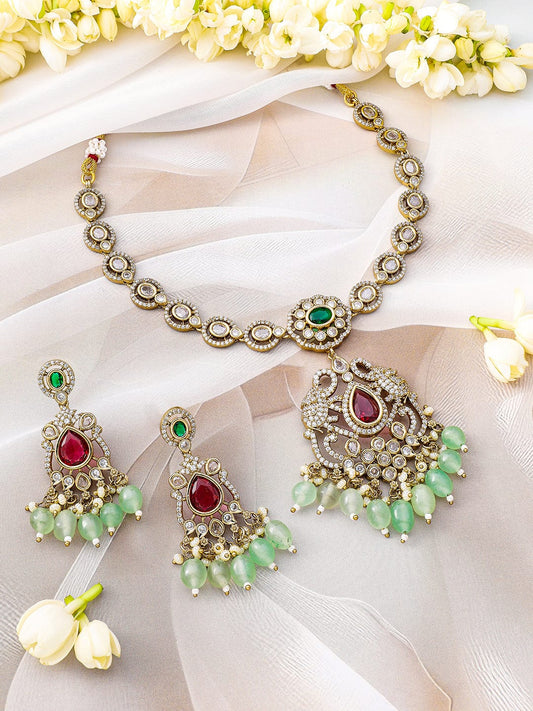 Rubans 22K Gold-Plated Ruby, Emerald, Kundan, CZ Studded & Mint Green Beaded Necklace Set