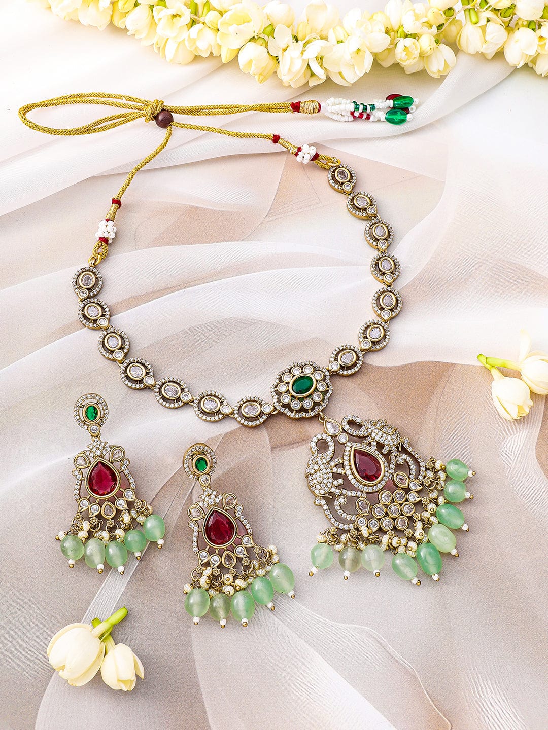 Rubans 22K Gold-Plated Ruby, Emerald, Kundan, CZ Studded & Mint Green Beaded Necklace Set