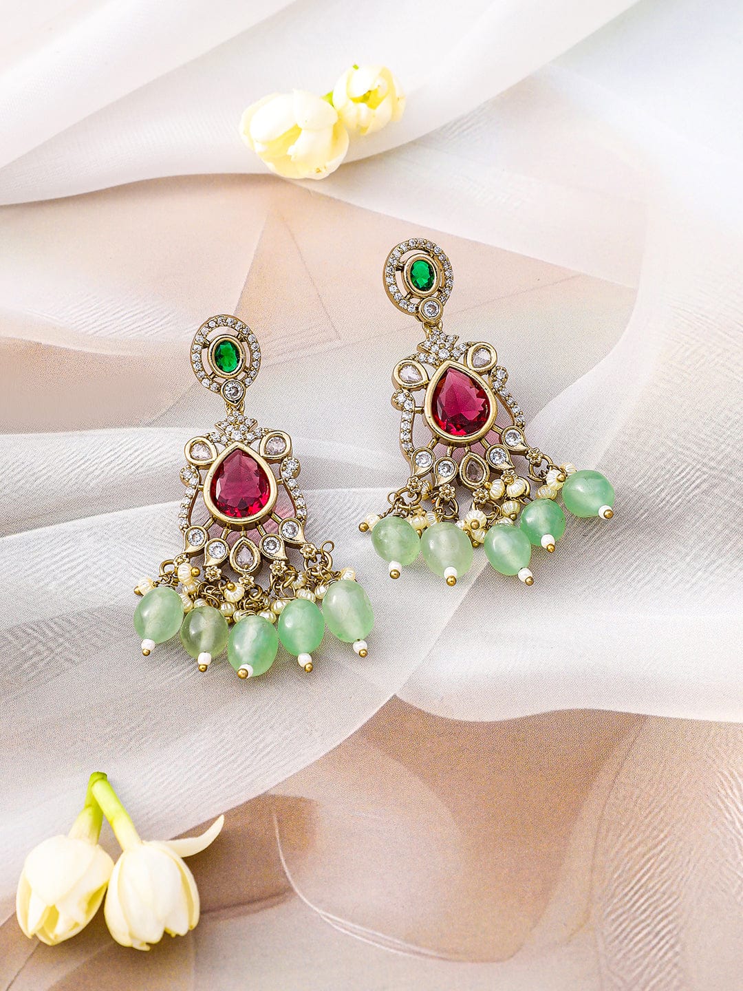 Rubans 22K Gold-Plated Ruby, Emerald, Kundan, CZ Studded & Mint Green Beaded Necklace Set