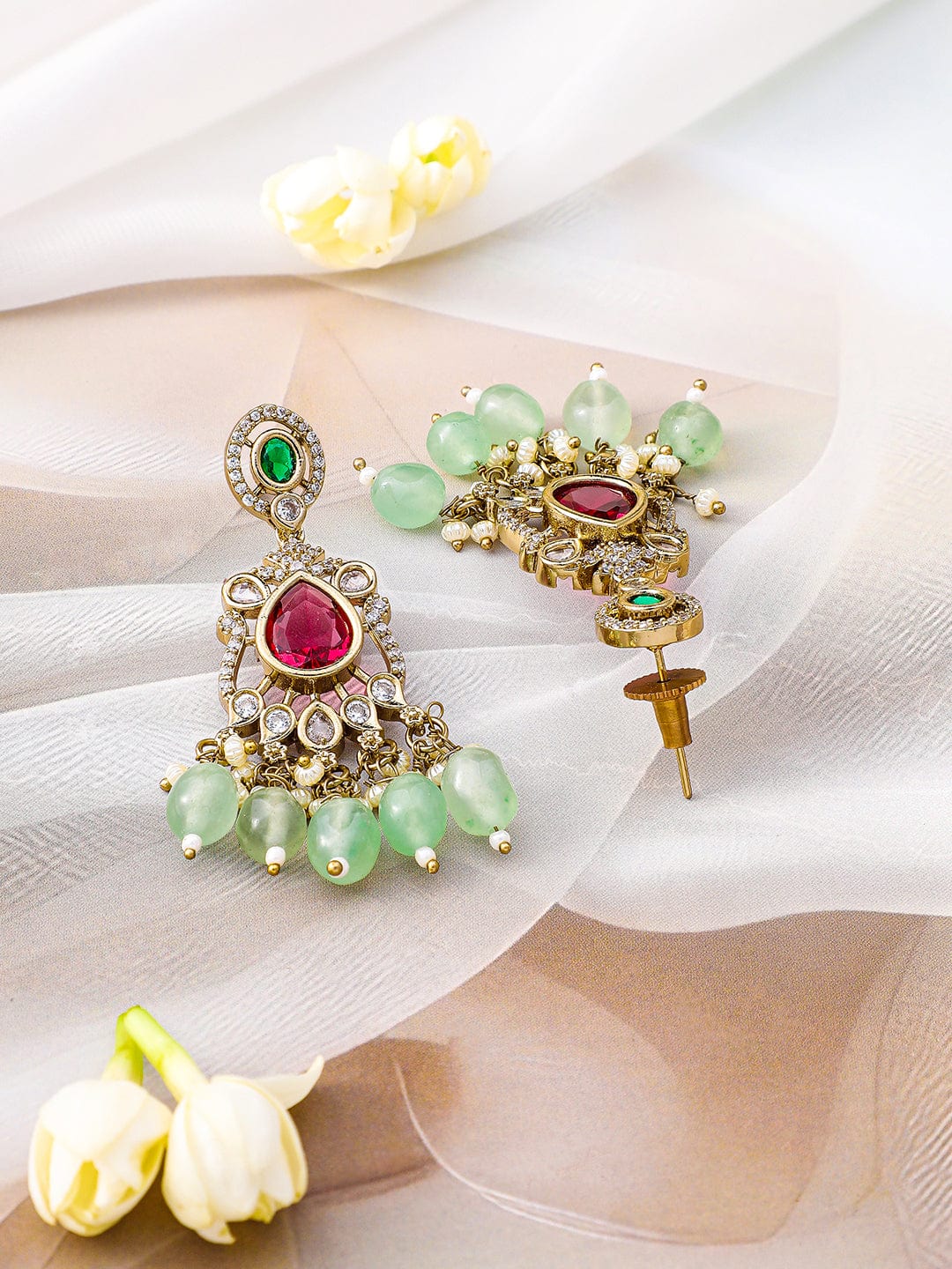 Rubans 22K Gold-Plated Ruby, Emerald, Kundan, CZ Studded & Mint Green Beaded Necklace Set