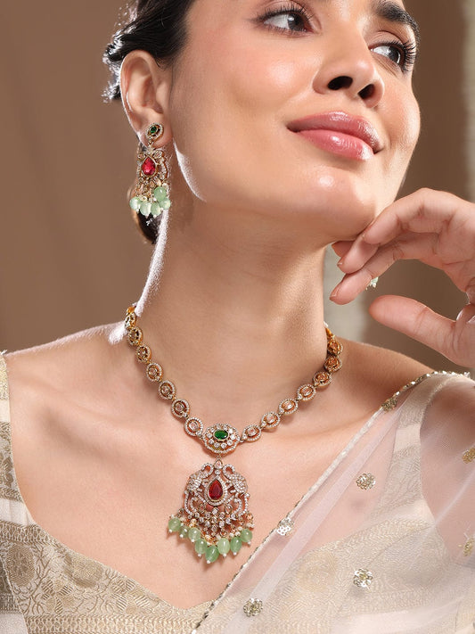 Rubans 22K Gold-Plated Ruby, Emerald, Kundan, CZ Studded & Mint Green Beaded Necklace Set
