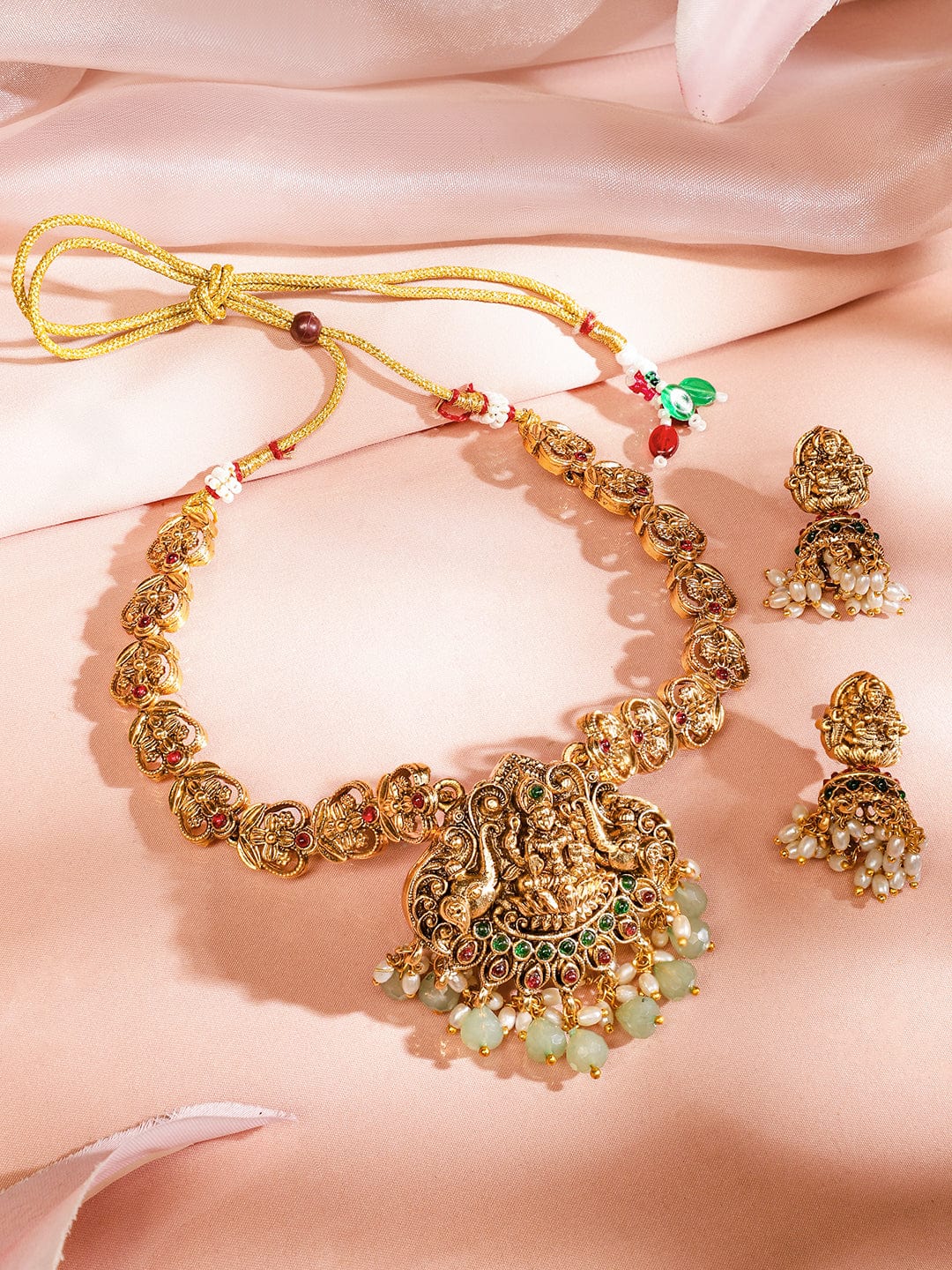 Rubans 22K Gold-Plated Ruby Emerald & Mint Green-White Beaded Lakshmi Temple Necklace Set for Women