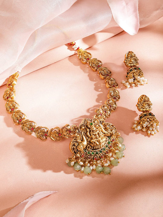Rubans 22K Gold-Plated Ruby Emerald & Mint Green-White Beaded Lakshmi Temple Necklace Set for Women