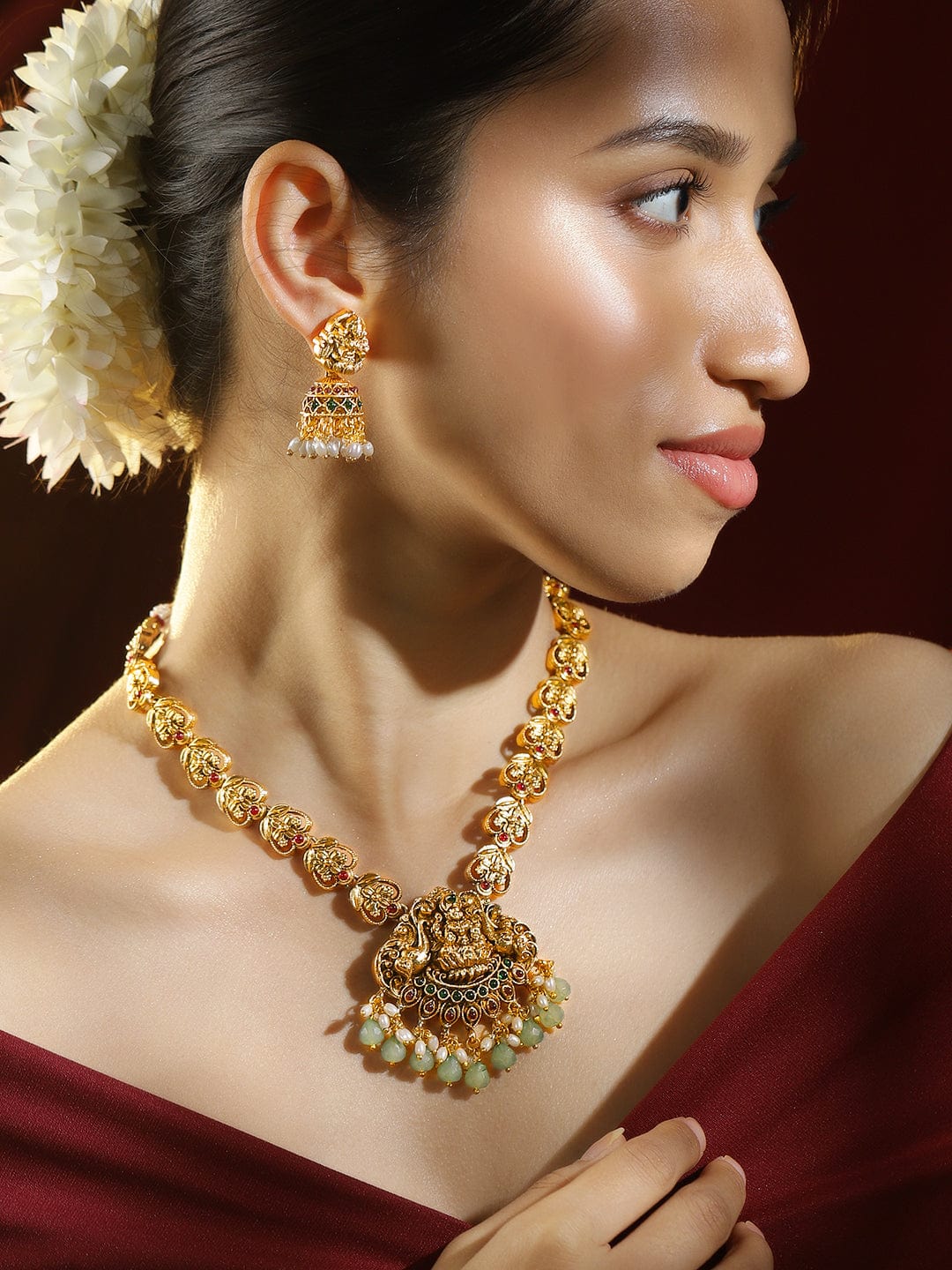 Rubans 22K Gold-Plated Ruby Emerald & Mint Green-White Beaded Lakshmi Temple Necklace Set for Women