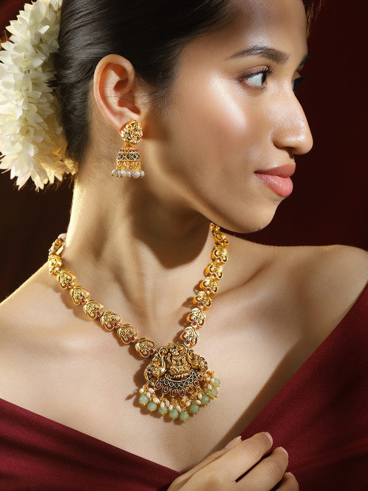 Rubans 22K Gold-Plated Ruby Emerald & Mint Green-White Beaded Lakshmi Temple Necklace Set for Women