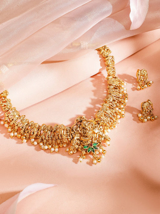 Rubans 22K Gold-Plated Ruby Emerald & Pearl Beaded Divine Ganesh Temple Necklace Set for Women