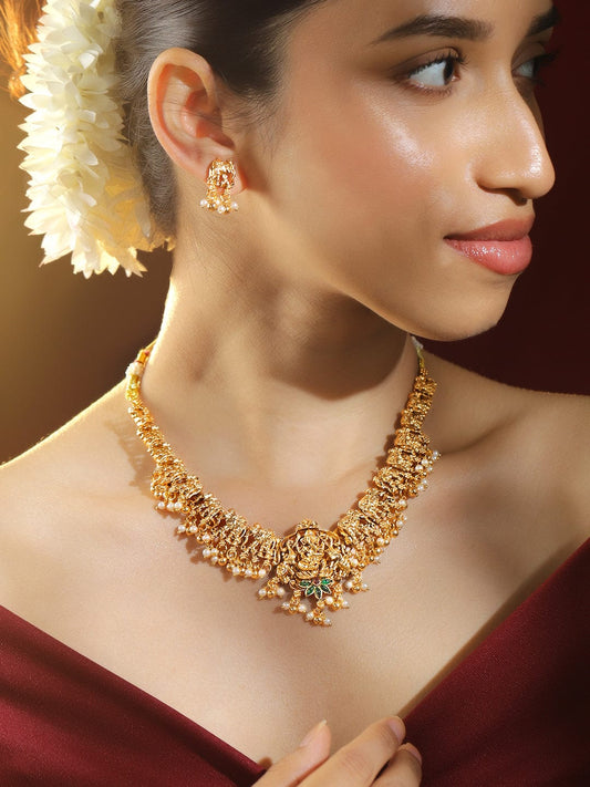 Rubans 22K Gold-Plated Ruby Emerald & Pearl Beaded Divine Ganesh Temple Necklace Set for Women