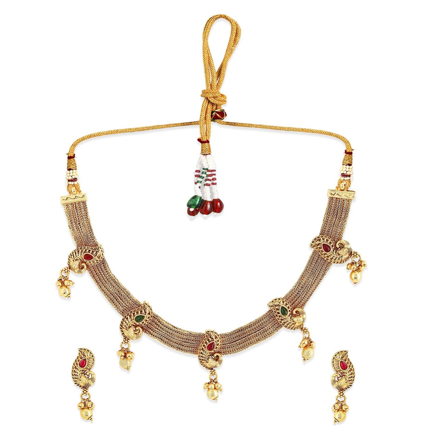 Rubans 22K Gold-Plated Ruby & Emerald Stone Handcrafted Necklace Set with Golden Beads