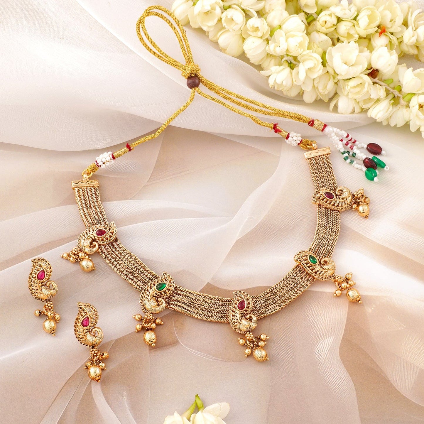 Rubans 22K Gold-Plated Ruby & Emerald Stone Handcrafted Necklace Set with Golden Beads